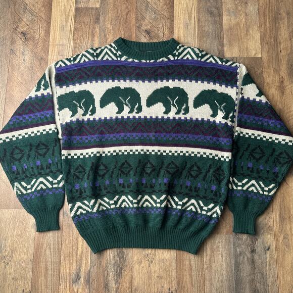 Vintage 90s Demetre Sweater Men's Small Green Wool Blend Crew Neck Bear 5830 - Picture 1 of 13